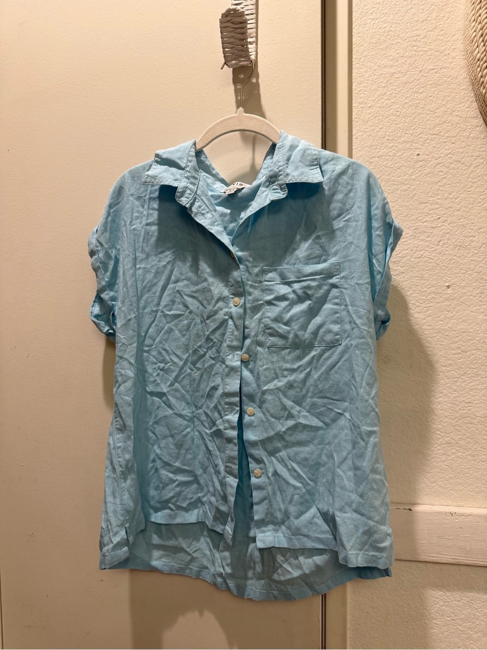 Orvis Light Blue Short Sleeve Button-Front Shirt linen blend medium